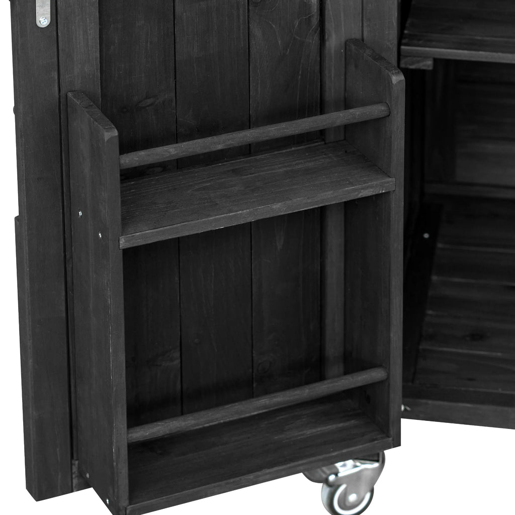 Outdoor Kitchen Island, Rolling Bar Cart & Storage Cabinet, Farmhouse Solid Wood Outdoor Grill Table with Stainless Steel Top, Spice Rack , Towel Rack for Kitchen & BBQ , Natural