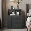 Nightstand with 3 Storage Drawers and Hutch, Black Night Stand with Charging Station End Side Table with 1 Door, Modern Bedside Table for Bedroom