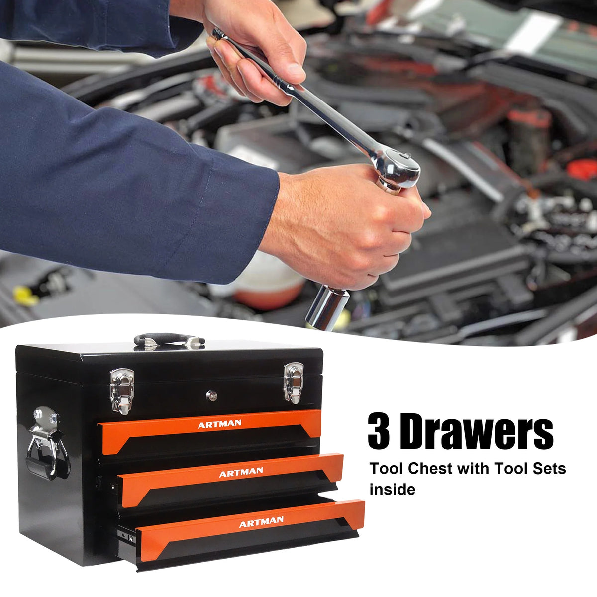 NIGSQJB Tool Set 439pcs with 3 Drawers Tool Box Organizer, Mechanic Tool Set for Home, Tool Box Set 4-Tier Socket Wrench Ratchet Plier Nails, Home Tool Set Mechanics Kit for Adults Man Handyman, Red