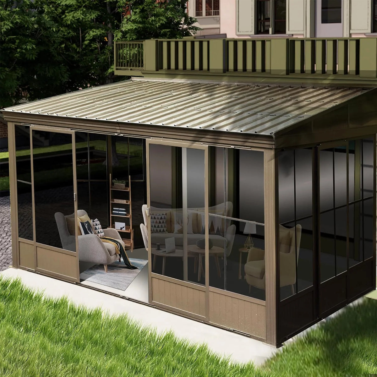 Domi Outdoor Living 10' x 12' Hardtop Lean-to Gazebo, Wall-Mounted with Galvanized Steel Roof Wall Pergola with Aluminum Frame, Curtains and Netting, for Patio, Deck, Garden, Backyard
