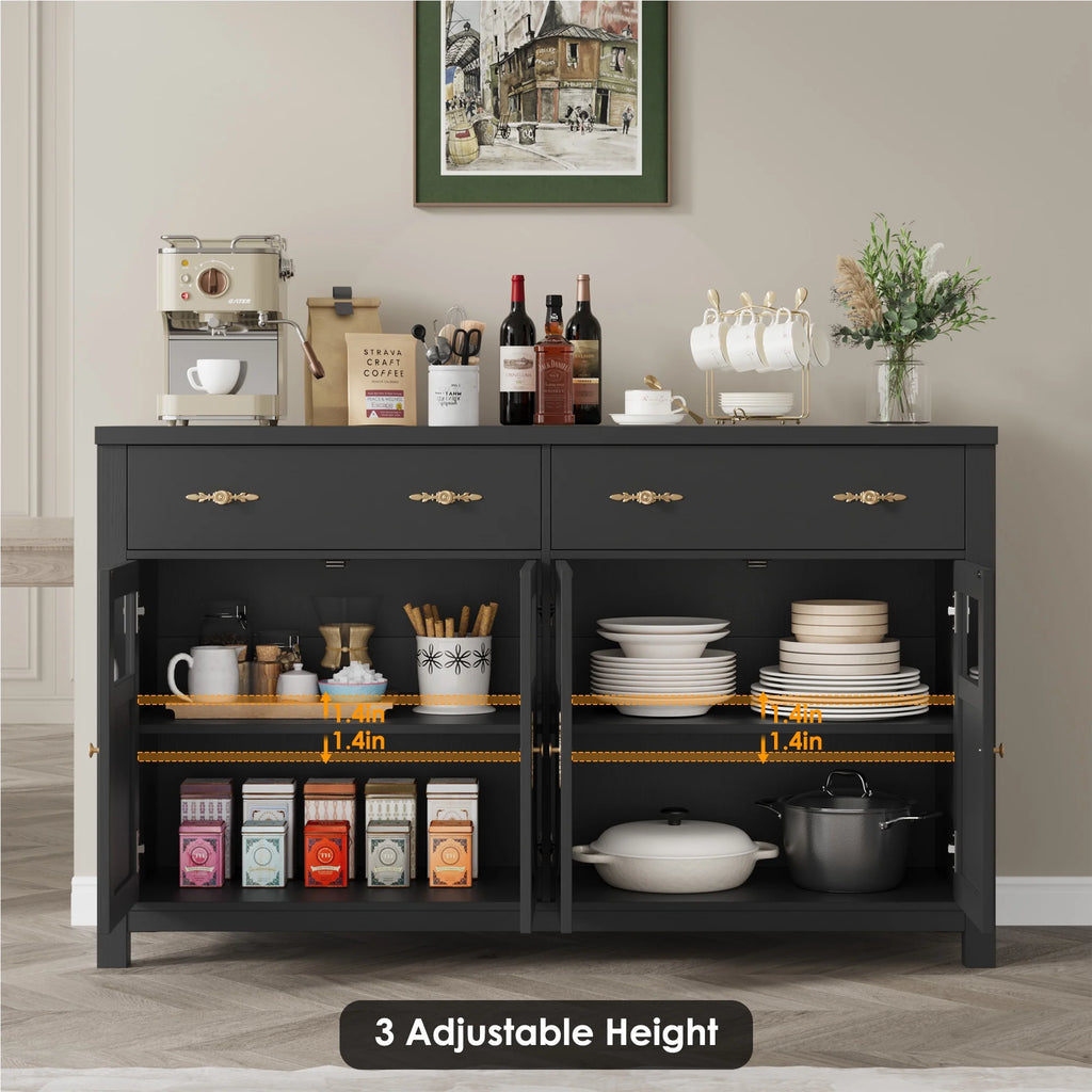 Homfa Farmhouse 55.1"WKitchen Buffet Cabinet with Storage Drawer & Adjustable Shelf, Glass Door Wood Sideboard Credenza Coffee Bar with for Dining Room Living Room, White & Black