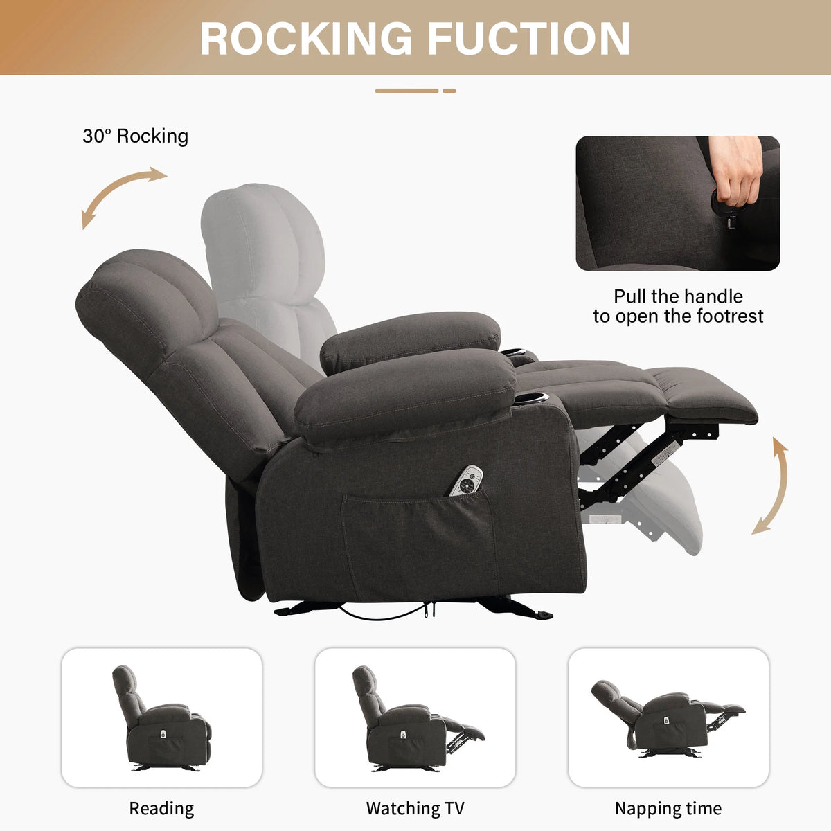 JONPONY Manual Recliner Chair with Heat Therapy and Massage Function, Heavy Duty Reclining Mechanism Massage Chair, Elderly Single Rocker Sofa with Cup Holders for Bedroom Home Theater,Grey
