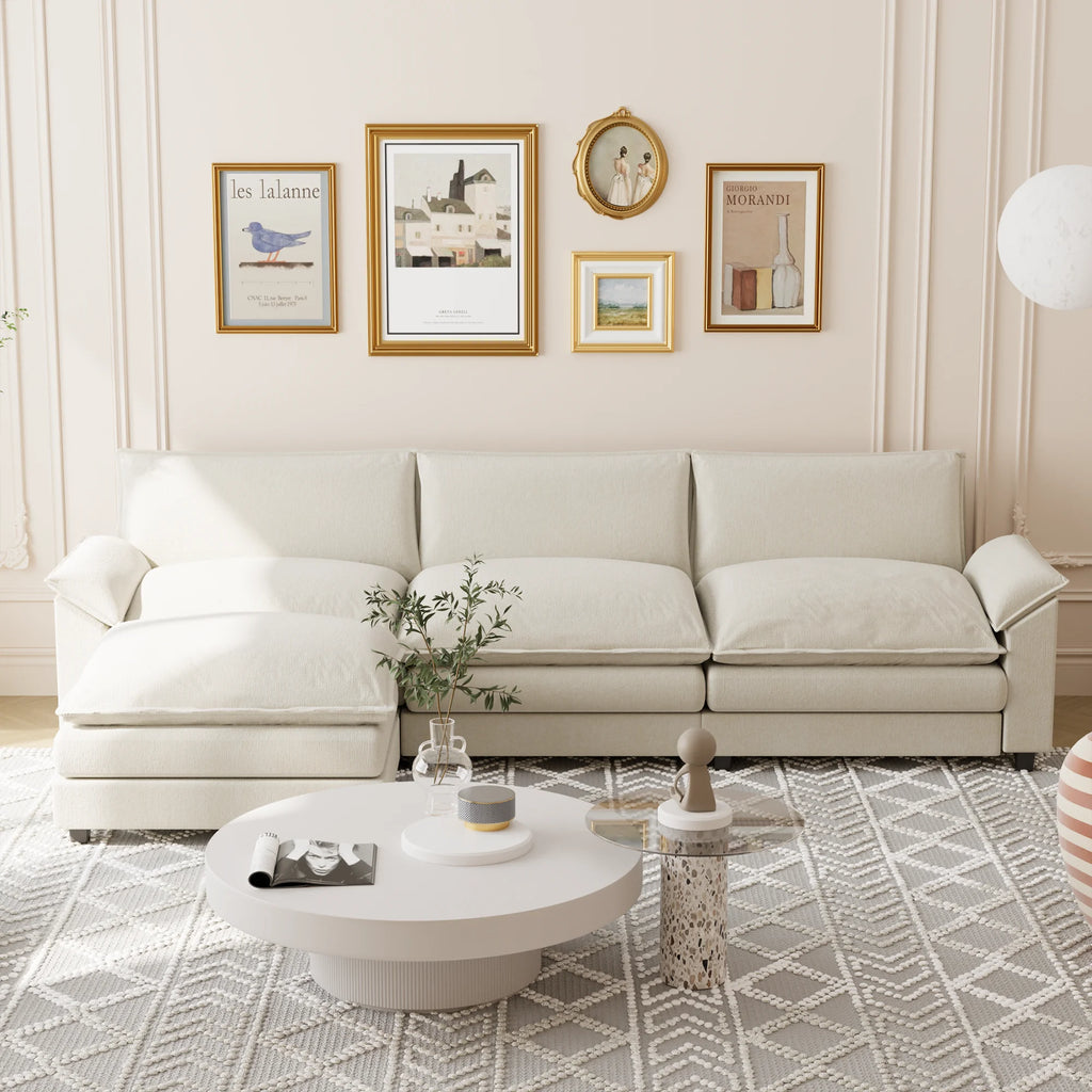Homall Sectional Sofa 3-seat L-shaped Sofa with reversible toffee chair Movable Footrest Sofa,White