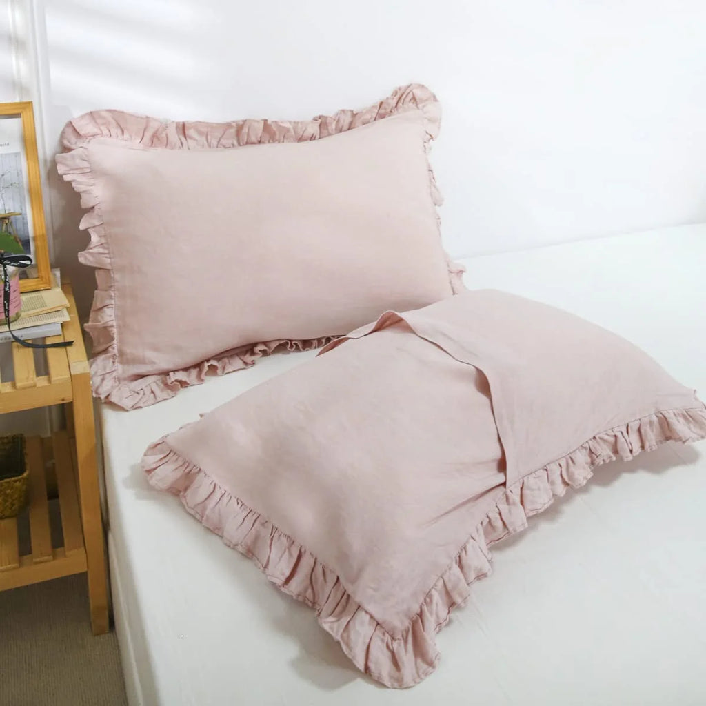 Simple&Opulence 100% Washed Linen Duvet Cover Set-3 Pieces Shabby Chic Premium Ruffled Bedding with 1 Comforter Cover and 2 Pillowshams France Flax High End Frill Sets Vintage Style(King, White)