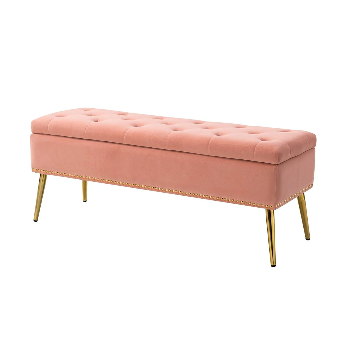 14 Karat Home Velvet Storage Ottoman Bench Gold Leg Upholstered Nailhead Trim Button Tufted Footstool Entryway Bedroom Living Room Pink