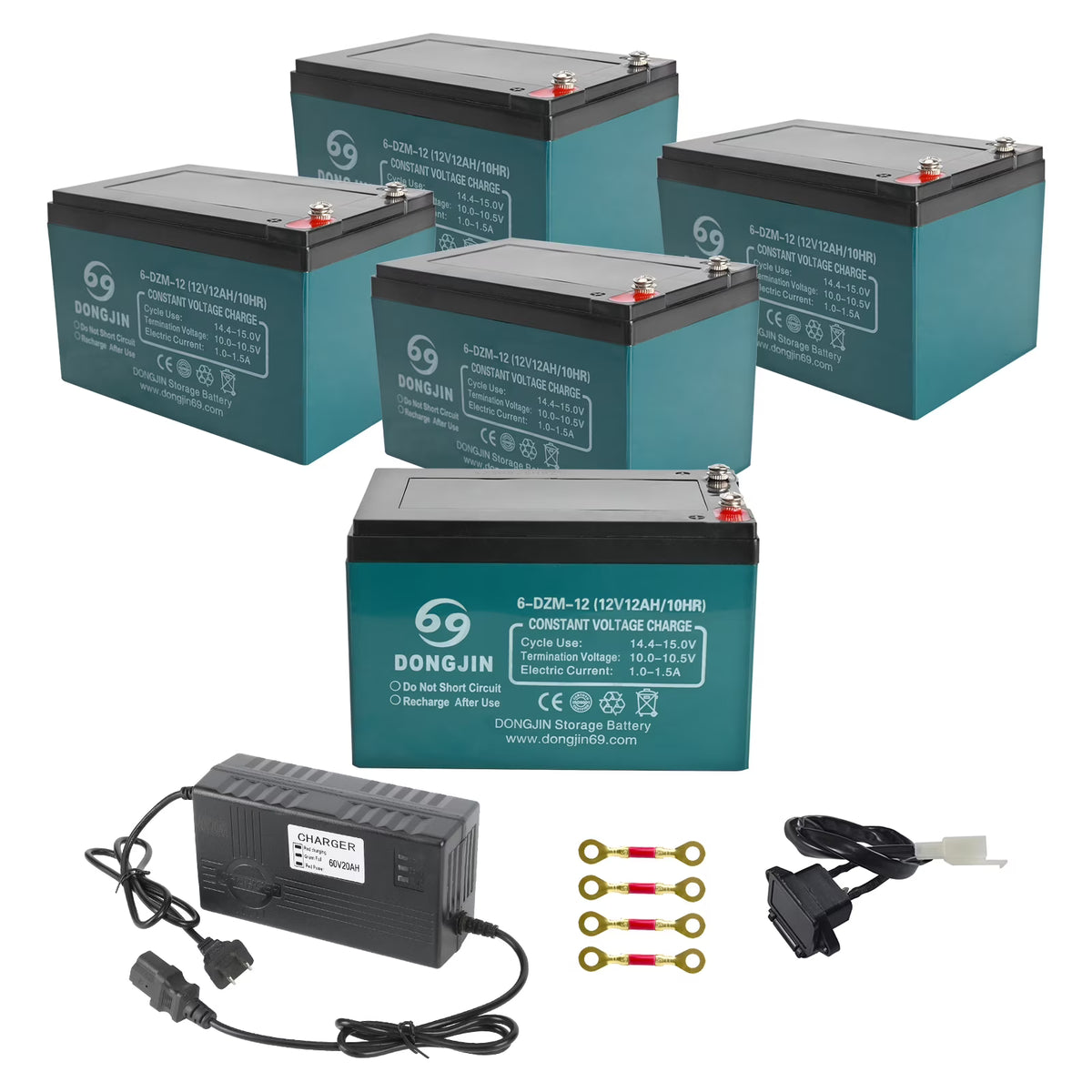 5 Pack 6-DZM-12 12V 12Ah Sealed Lead Acid Rechargeable Battery + 60V Battery ch + Charging Port for Electric Bikes, Scooters, Go Karts, ATVs, Dirt Bikes - Maintenance-Free, Ready to Use