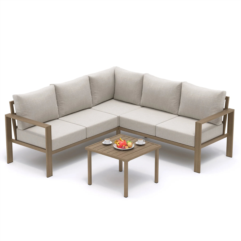 ELPOSUN 6 Pieces Patio Furniture Sets with 6" Thick Olefin Cushions, Metal Outdoor Sectional Furniture L Shape Patio Conversation Sets for Garden, Backyard Beige