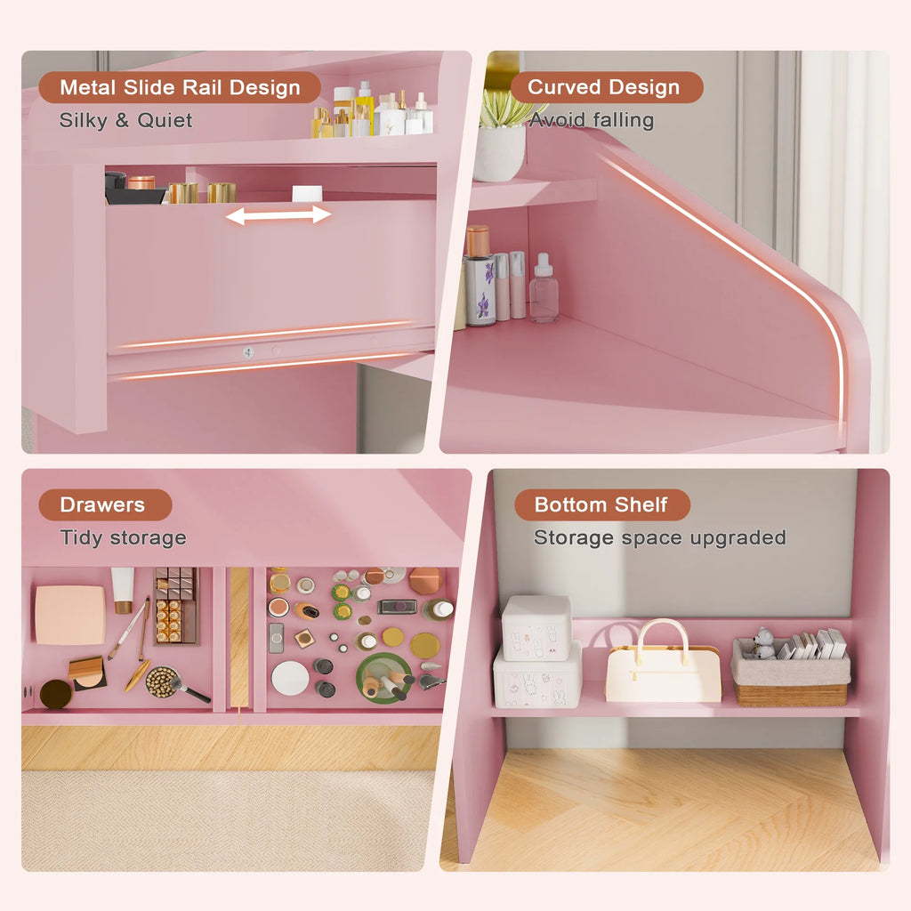 LIVELYGLOW Vanity Desk Set with Square Mirror and Light- Small Vanity Table with Drawers- White