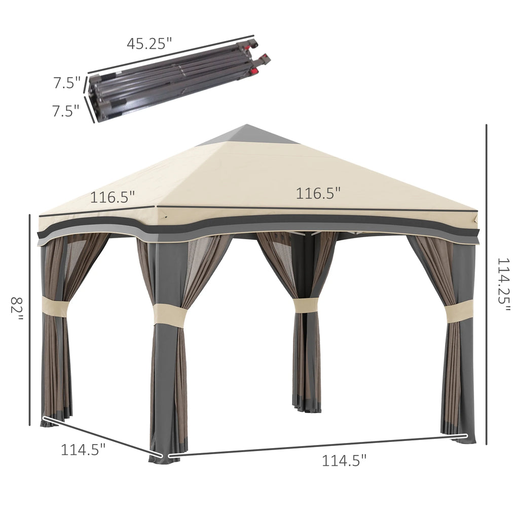 Outsunny 10' x 10' Pop Up Canopy with Nettings, Foldable Party Tent with Wheeled Carry Bag and 4 Sand Bags, Beige