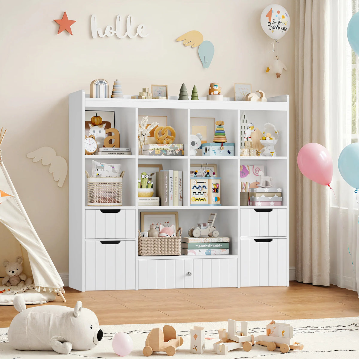 Homfa Kids Toy Storage Organizer with Cubby, Kids Toy Storage Chest with Removable Drawers, Kids Bookcase for Playroom Bedroom Living Room, Gray