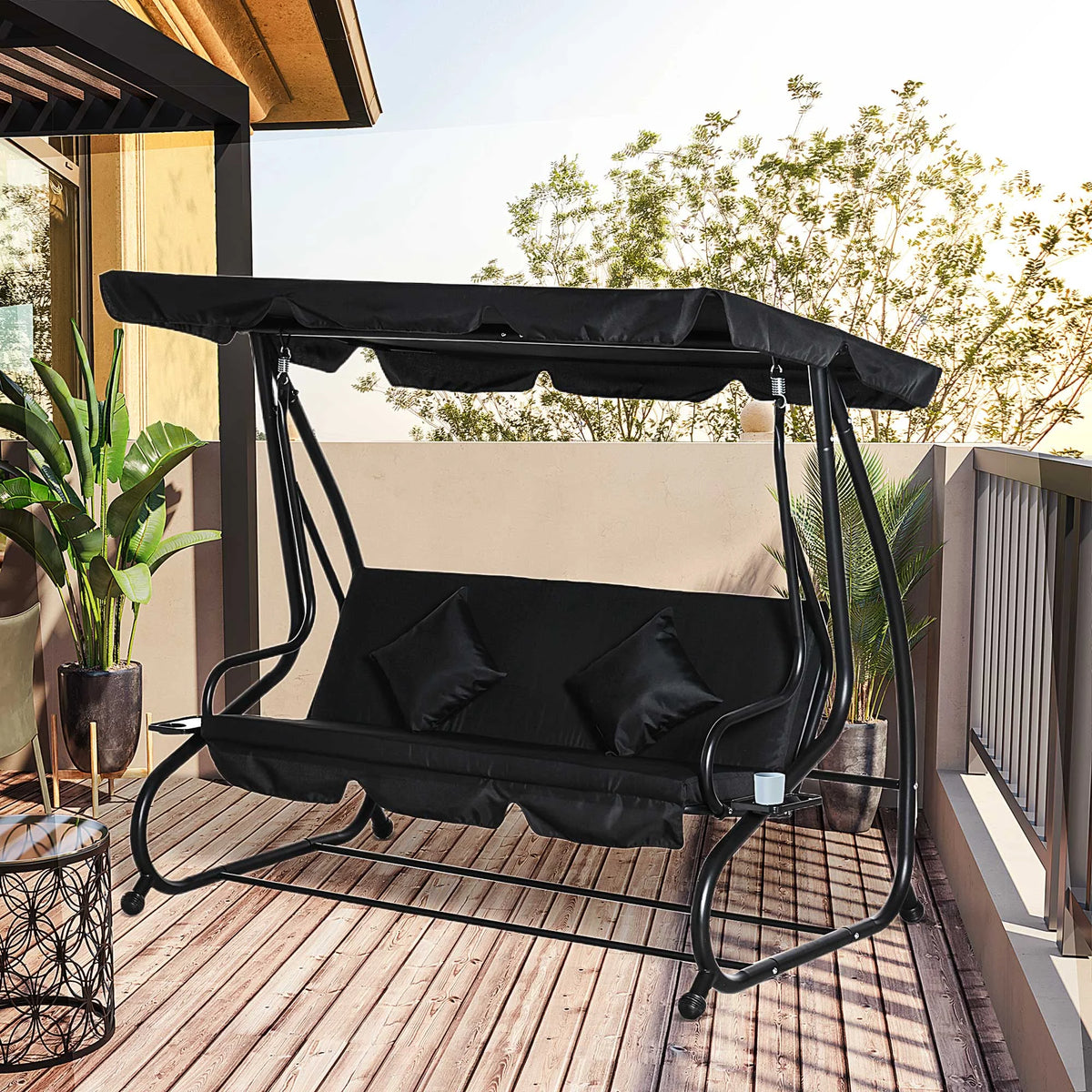 Outsunny 3-Seat Steel Outdoor Canopy Porch Swing with Cushions and Pillows, Light Brown