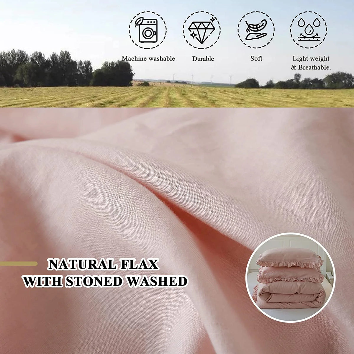 Simple&Opulence 100% Washed Linen Duvet Cover Set-3 Pieces Shabby Chic Premium Ruffled Bedding with 1 Comforter Cover and 2 Pillowshams France Flax High End Frill Sets Vintage Style(King, White)