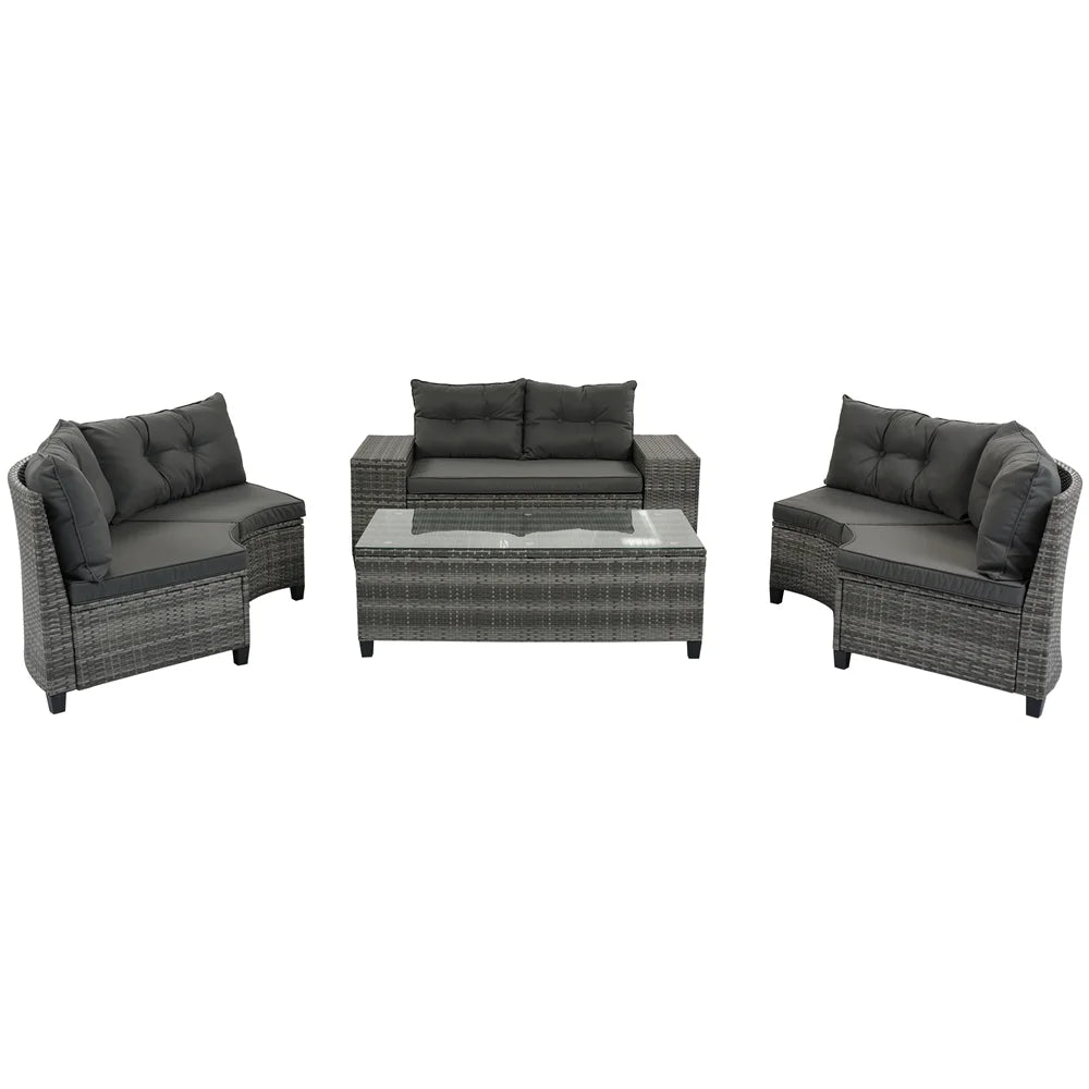 8 Pieces Outdoor Wicker Round Furniture Set, All Weather Half-Moon Sectional Patio Sofa Sets with Rectangular Coffee Table, Beige