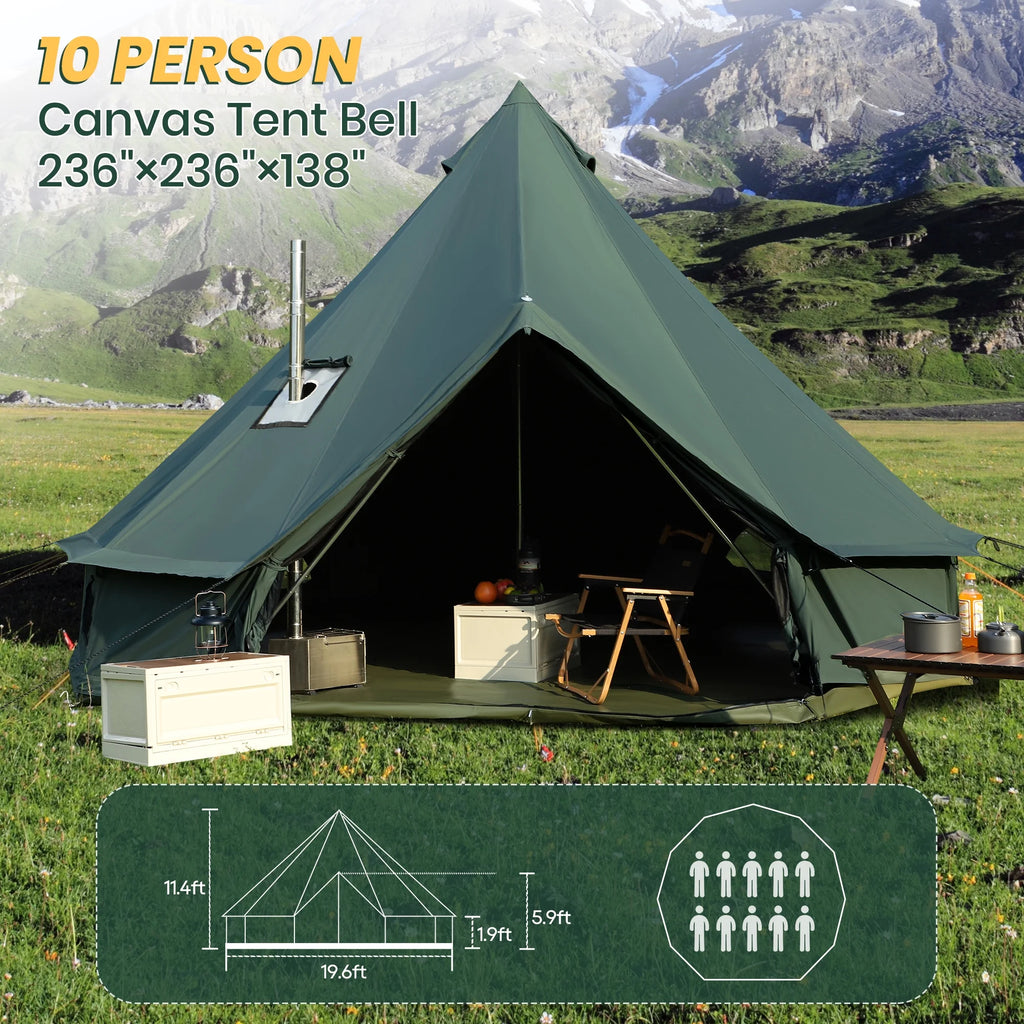 Canvas Bell Yurt Tent, 4-Seasons Shelter with Stove Jack & Waterproof, Luxury Camping Tent for Family Outdoor Adventures, 6-8 Person Use
