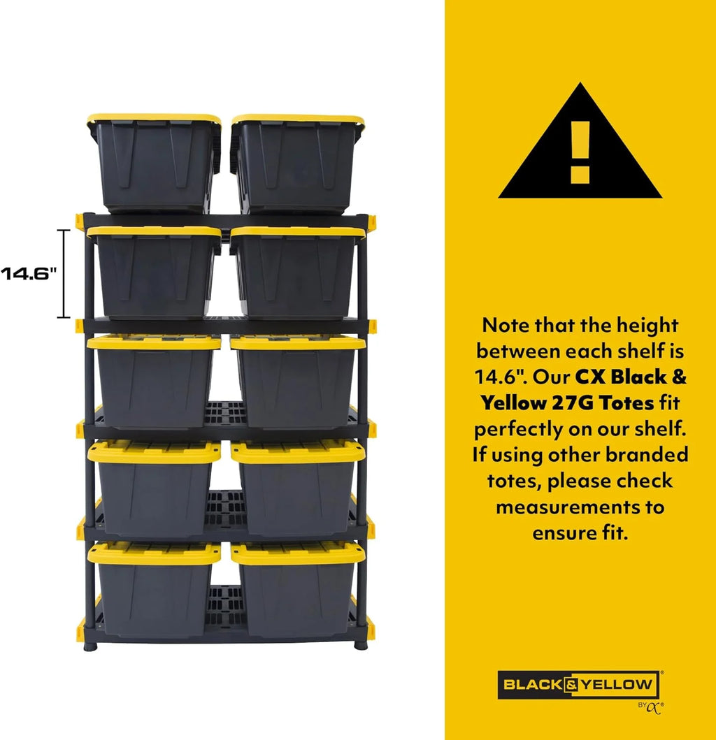 Black & Yellow, 5-Tier Heavy Duty Plastic Storage Shelving Unit, 200lbs/shelf (72 H x 48 W x 20 D), for Indoor/Outdoor Organization, Modular Rack