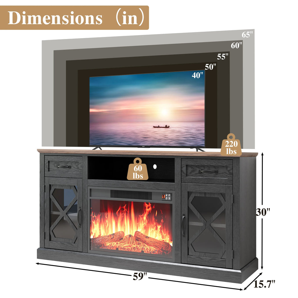 PAPROOS Fireplace TV Stand for 65 Inch TV, Modern Farmhouse TV Cabinet with 23'' Electric Fireplace, Entertainment Center Television Console Table for Living Room, Black+Brown