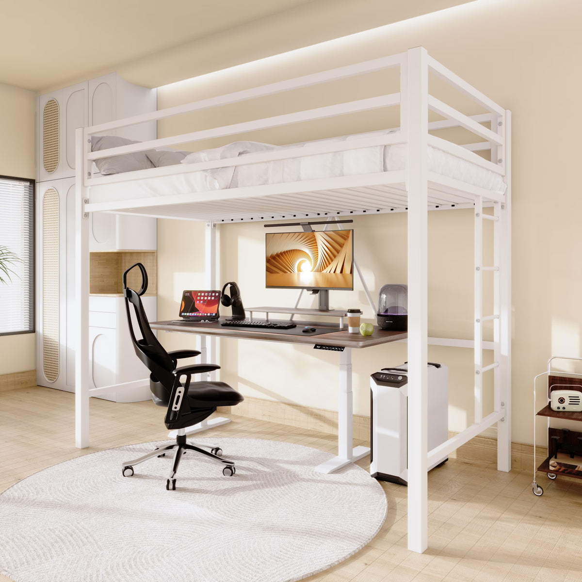 Sifurni Black Heavy Duty Twin Size Metal Loft Bed with Full-Length Guardrail & Removable Stairs