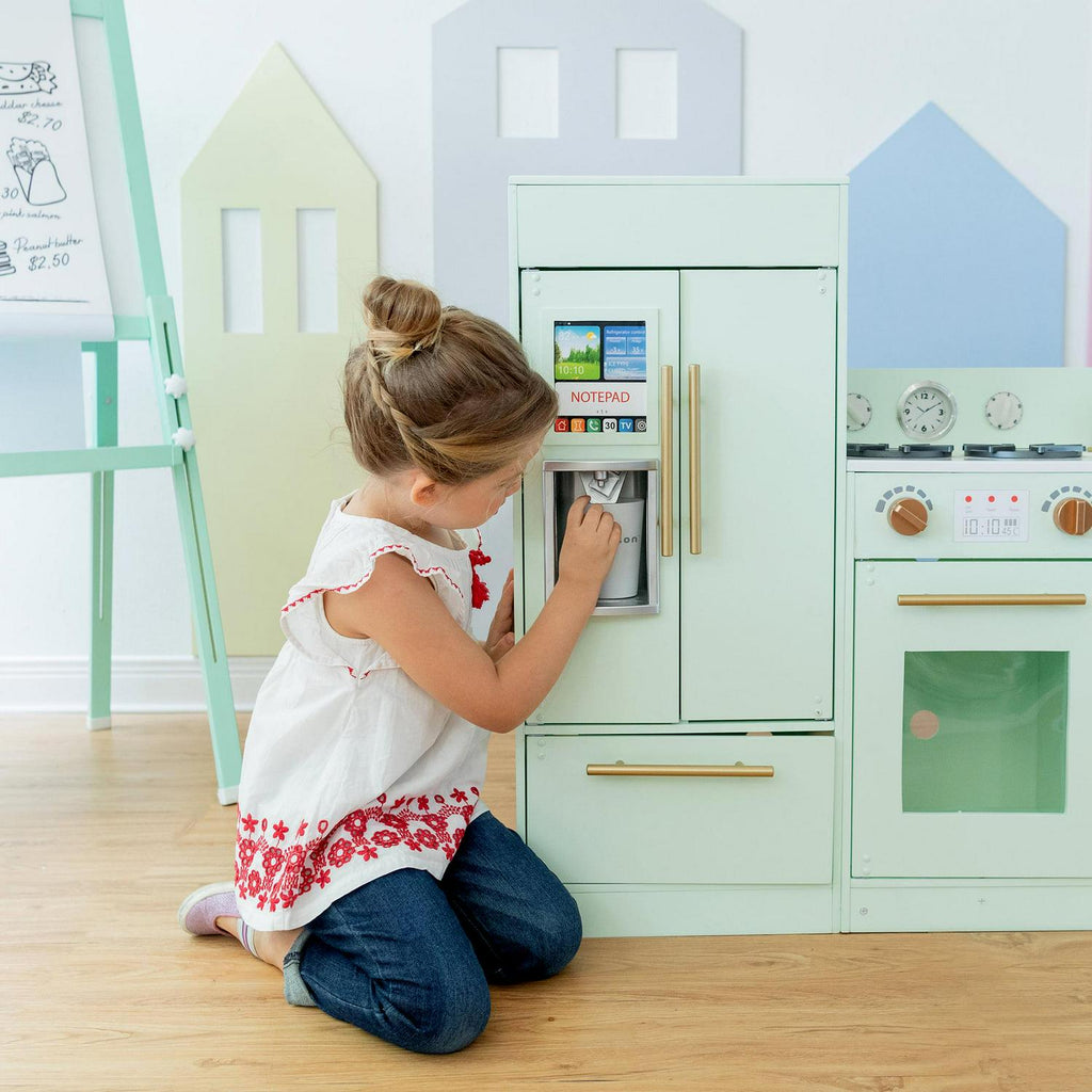 Teamson Kids Little Chef Charlotte Play Kitchen Set – Toddler Wooden Kitchen Playset with Stove. Sink &amp; Refrigerator. Toy Cooking Set for Ages 1-7. Mint/Gold