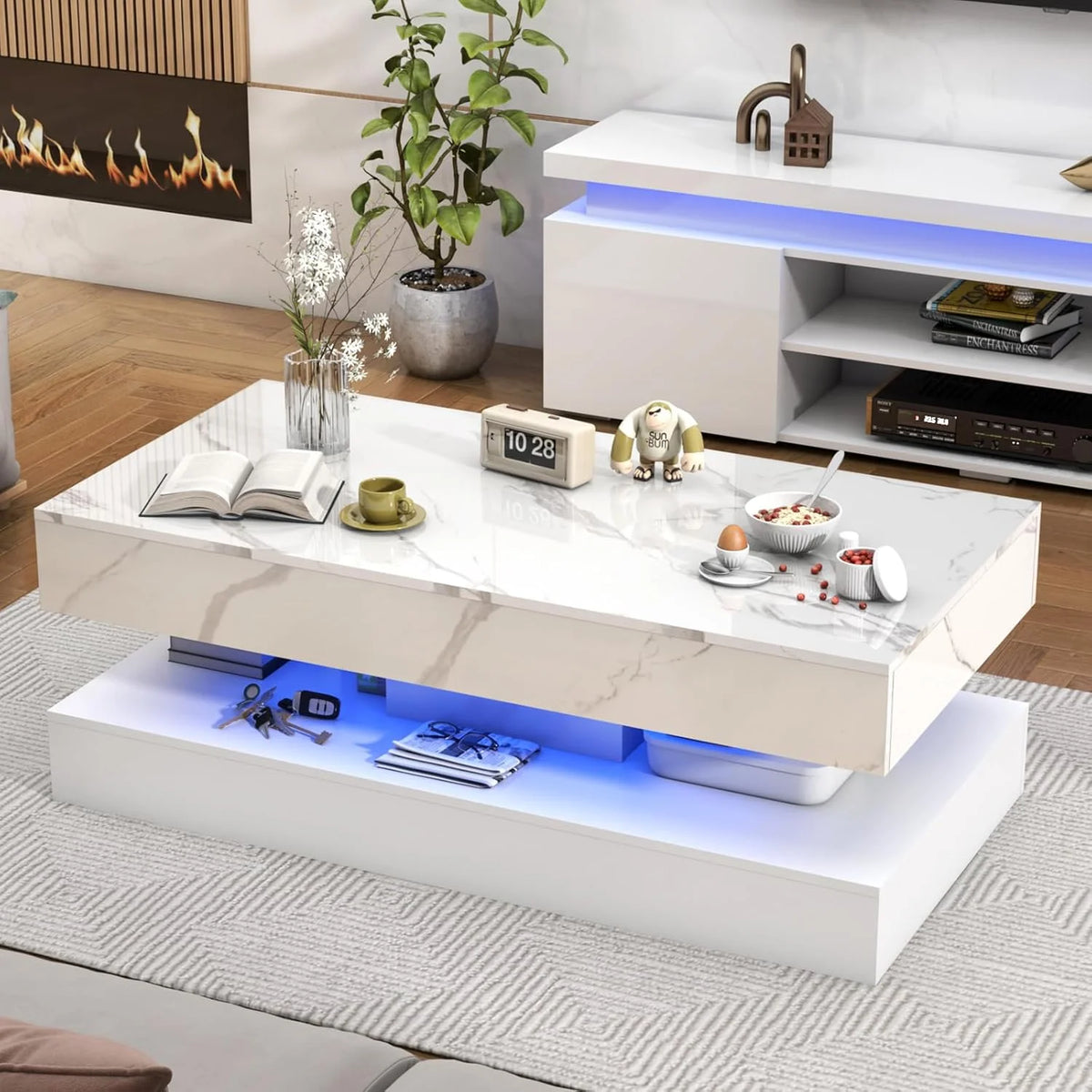 ChVans Large Black LED Coffee Table with 2 Storage Drawers, Modern High Gloss Coffee Table w/20 Colors LED Lights/APP Control, 2 Tiers Rectangle Large Living Room Furniture w/Marbling Print(47.3")