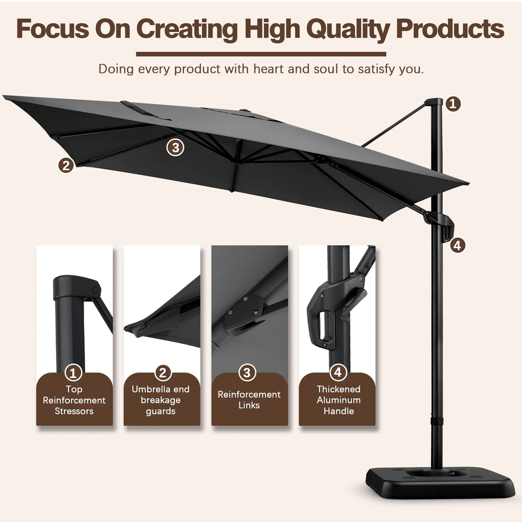 HOTEEL 10 Ft Patio Umbrella Outdoor Cantilever Square Umbrella Aluminum Offset Umbrella with Base, 360° Rotation，Gray