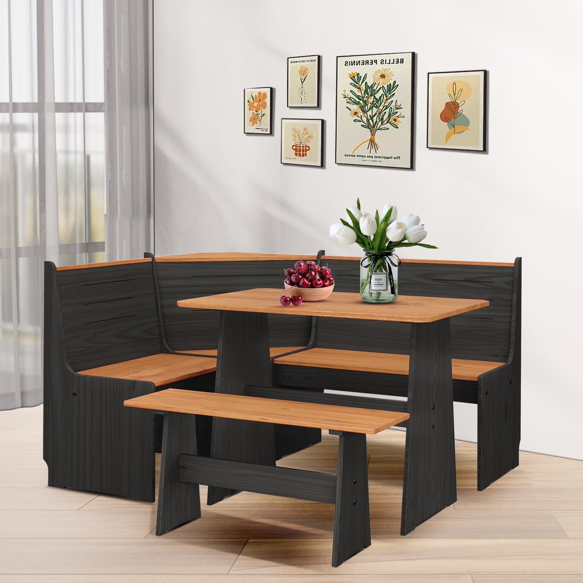 Breakfast Nook Kitchen Corner Dining Table Bench Chair Set, Space-Saving 3-4 Seat L-Shape Farmhouse Mid Century Modern Style for Family Home Black Wood