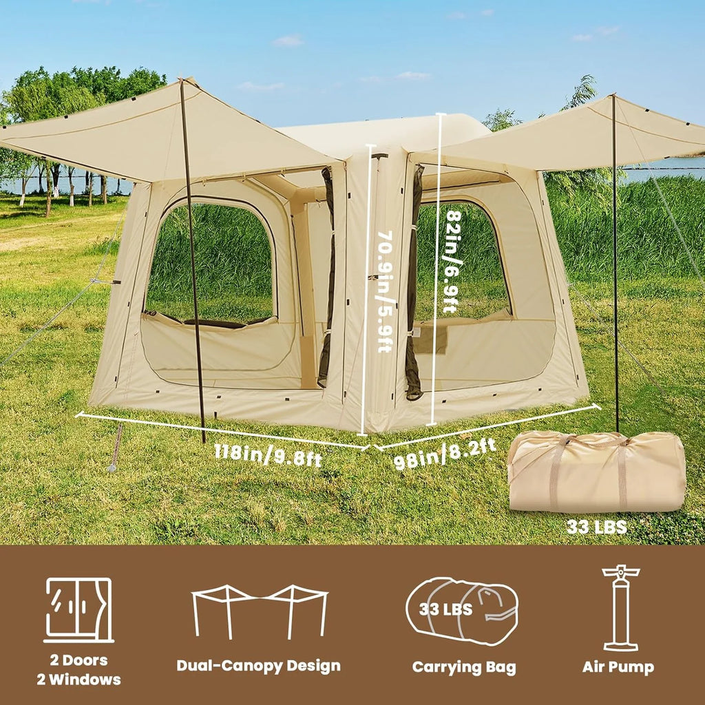 Inflatable Tents for Camping, Blow Up Tent with Canopy, Easy Setup Inflatable Camping Tent with Stove Jack, Waterproof Oxford Air Glamping Tents for Camping Adult 8-10 Person