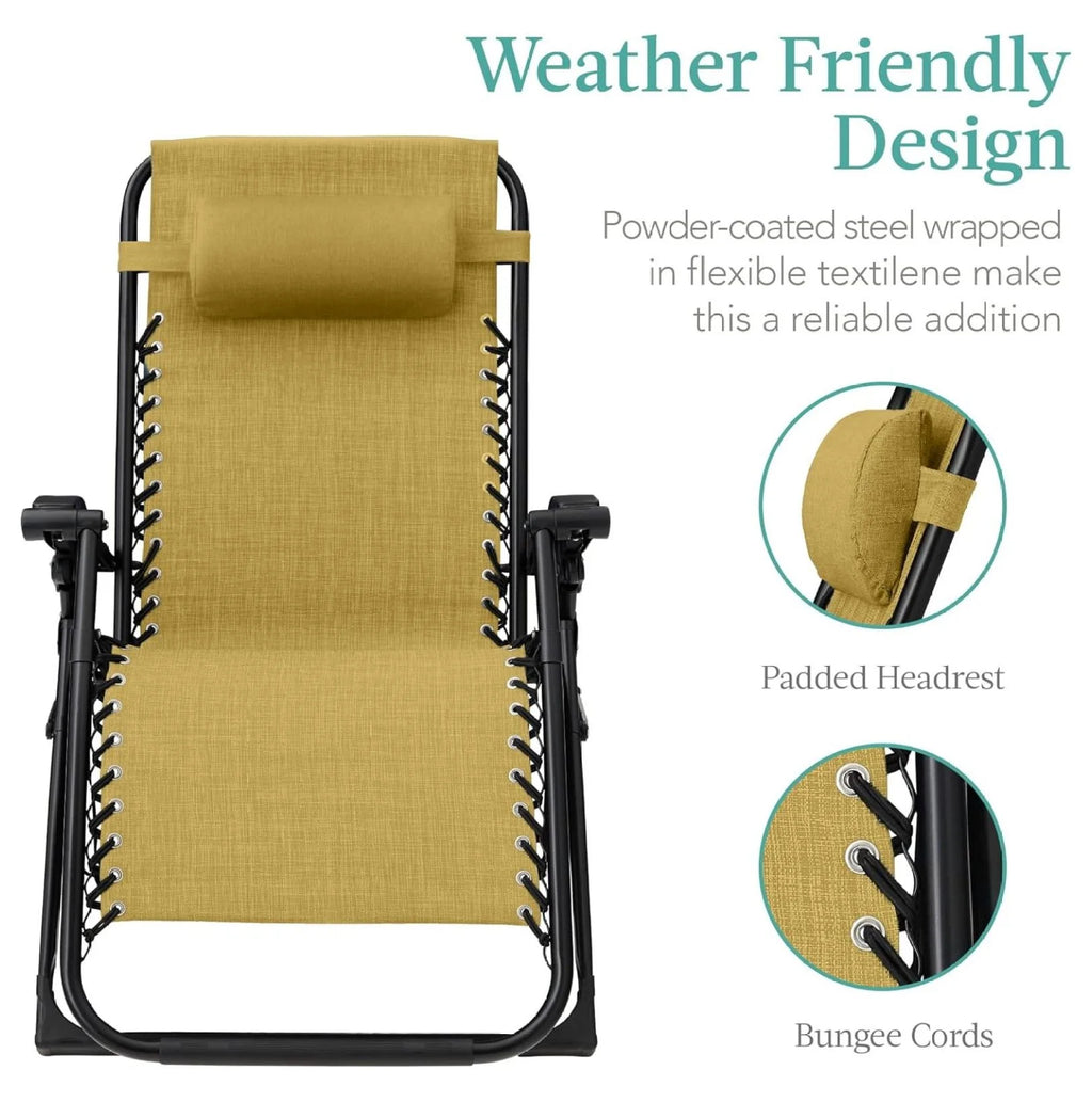 Oversized Chair, Folding Outdoor Patio Recliner, XL Anti Gravity Lounger w/Removable Cushion, Cup Holder, Side Tray, 350lb Capacity - Taupe