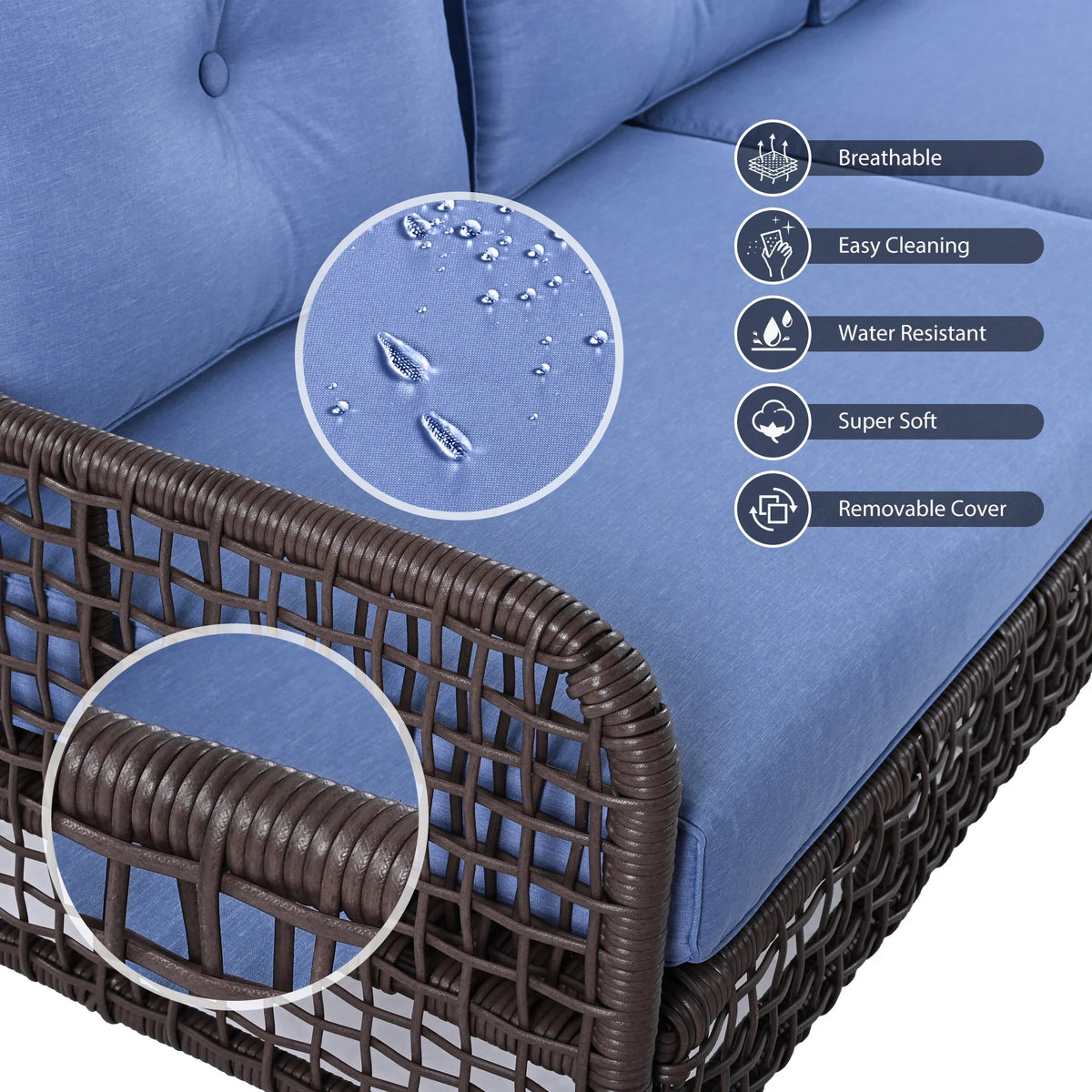 8 Pieces Outdoor Wicker Round Furniture Set, All Weather Half-Moon Sectional Patio Sofa Sets with Rectangular Coffee Table, Beige