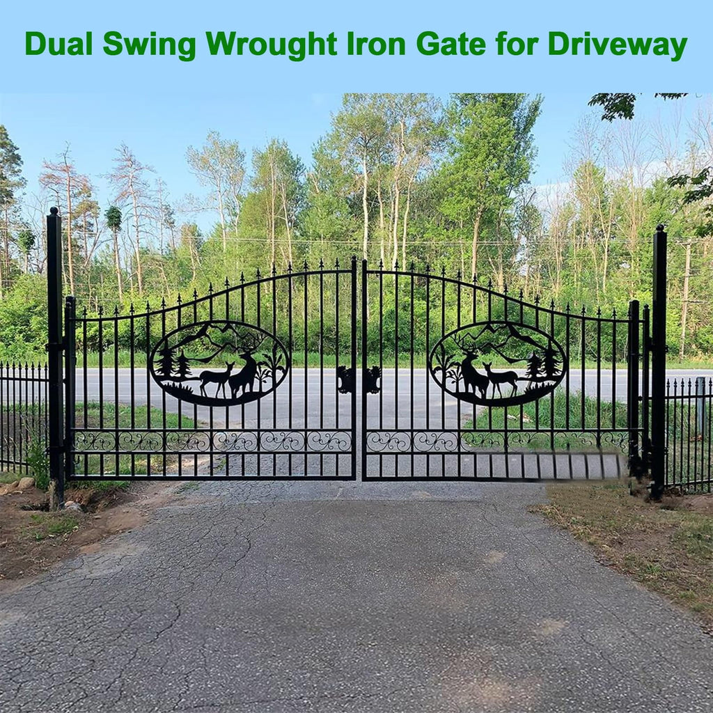 Outdoor Dual Swing Wrought Iron Gate for Driveway, Security Gate, Outdoor Fence Gate, Vienna Style for Yard, Backyard Patio 20'Star