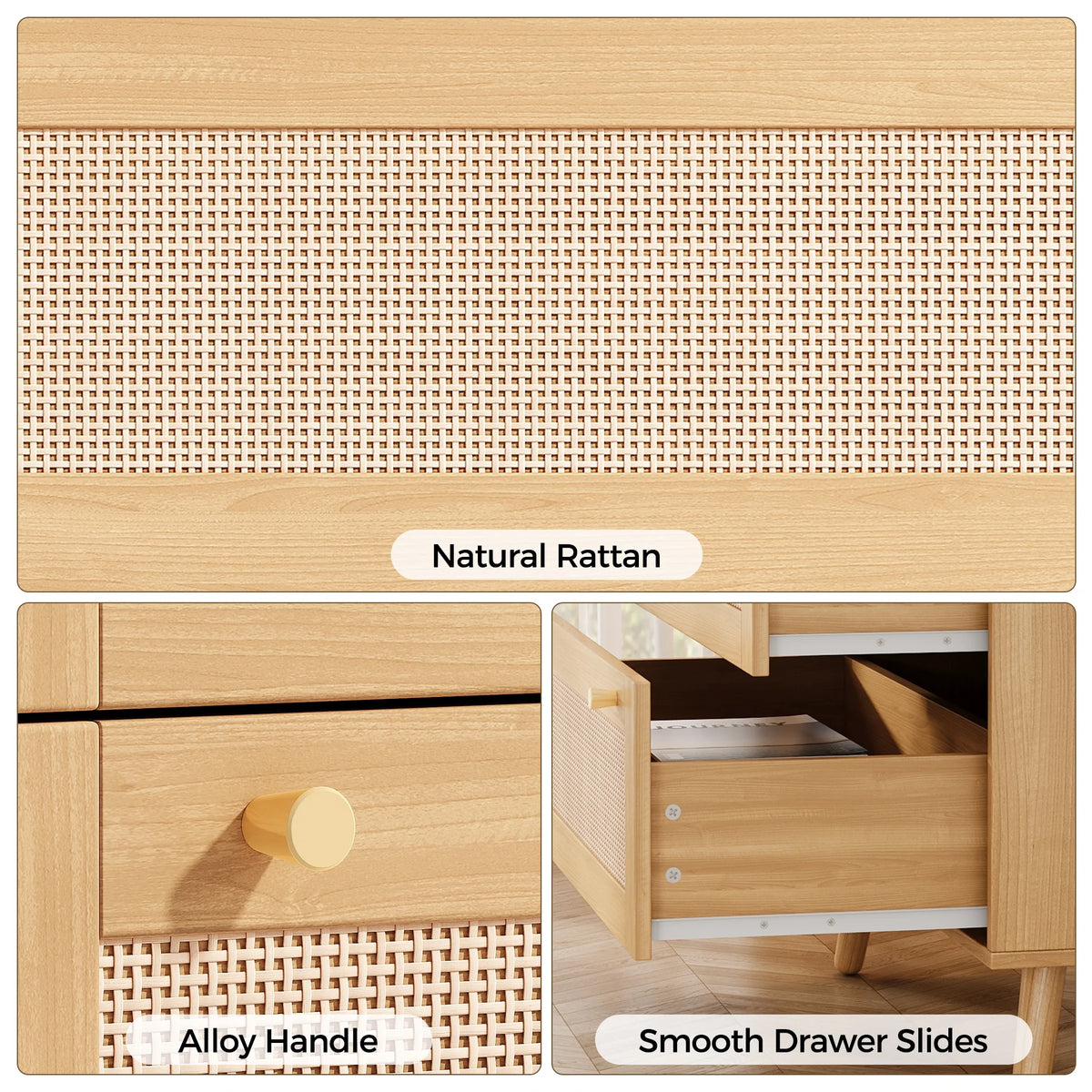 Farmhouse Rattan Dresser with 3 Drawers - Wooden Storage Chest for Bedroom, Living Room & Hallway, Vintage Style Organizer