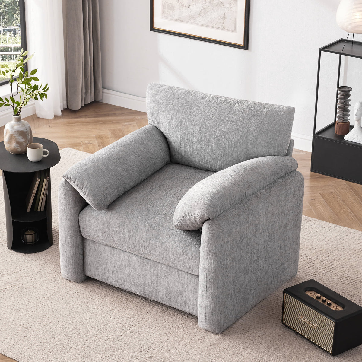 Chenille Oversized Armchair, 38.6" Wide Accent Chairs for Living Room & Bedroom Modern Lounge Chair, Upholstered Mid-Century Reading Chair, Comfy Living Room Chair, Single Sofa Chair, Beige