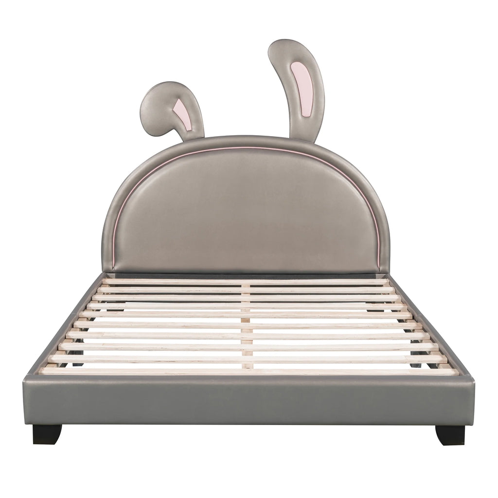 Euroco Upholstered Full Size Platform Bed, PU Cartoon Bunny Bed for Kids, Gray
