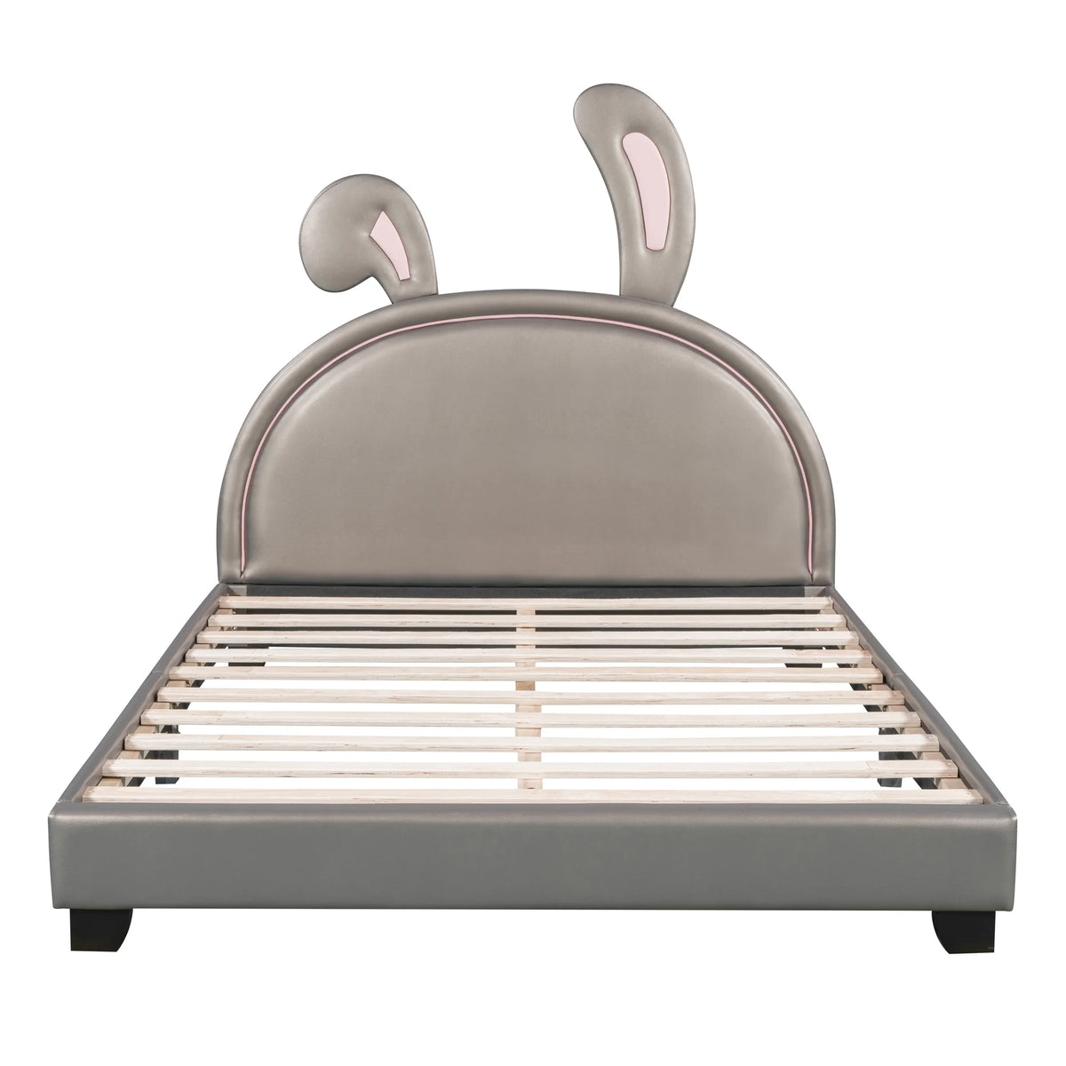 Euroco Upholstered Full Size Platform Bed, PU Cartoon Bunny Bed for Kids, Gray
