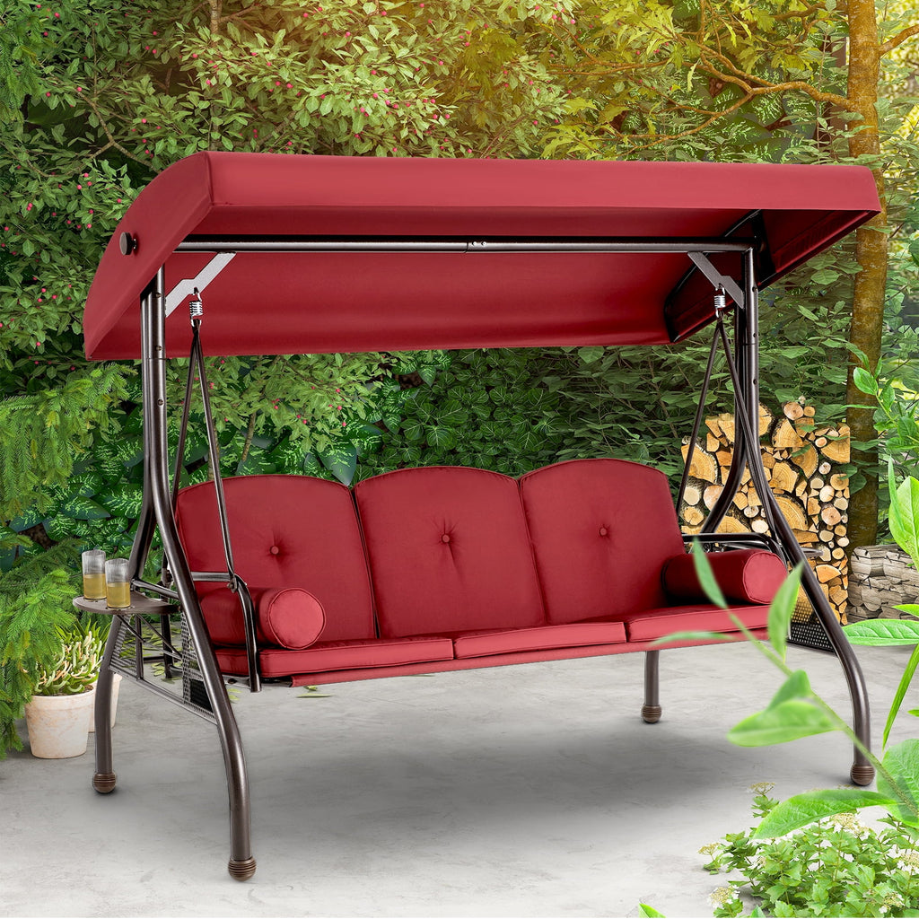 Homrest 3 Seat Outdoor Porch Swing with Adjustable Canopy, Cushions, and Cup Holder - Wine Red