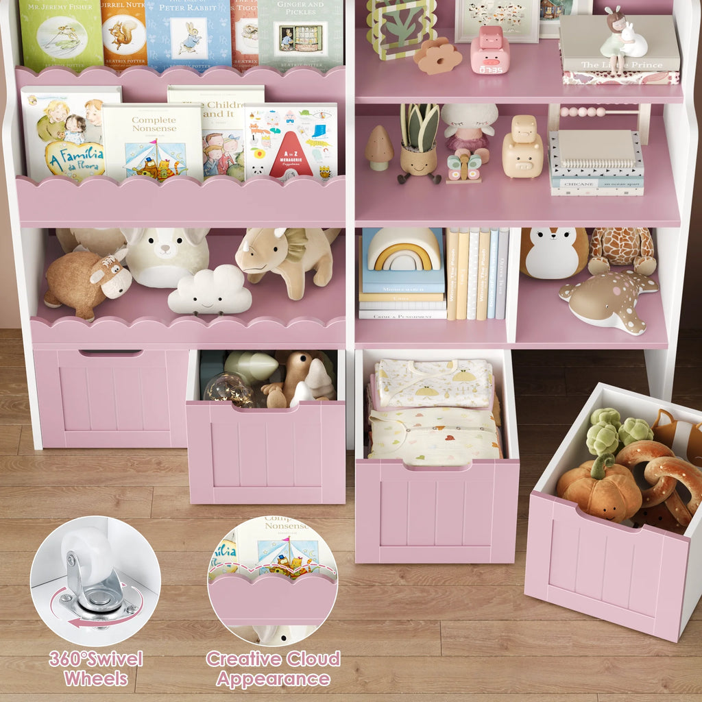 Hiphuta 47"Wide Large Kids Bookcase, Wood Bookshelf Toy Storage Organizer with Book Rack & Movable Boxes, White Bookshelf for Kids Room