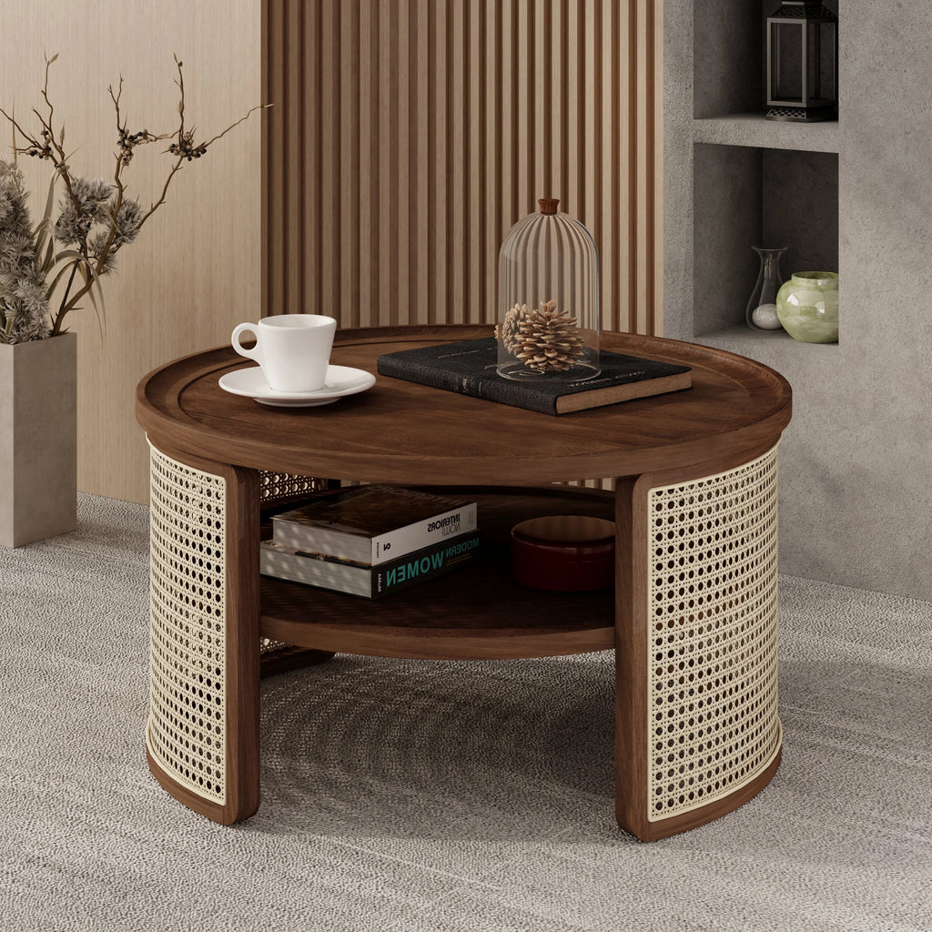 Harper & Bright Designs Rattan Round Coffee Table with Storage Shelf, Round Cane Wood Center Table for Living Room, 37'' Brown