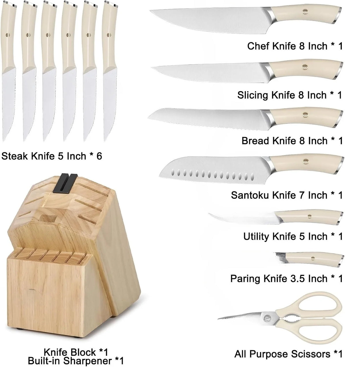 Ivory Knife Block Set (15-PCS) High Carbon Stainless Steel, Built-in Sharpener, Forged Chef Blades