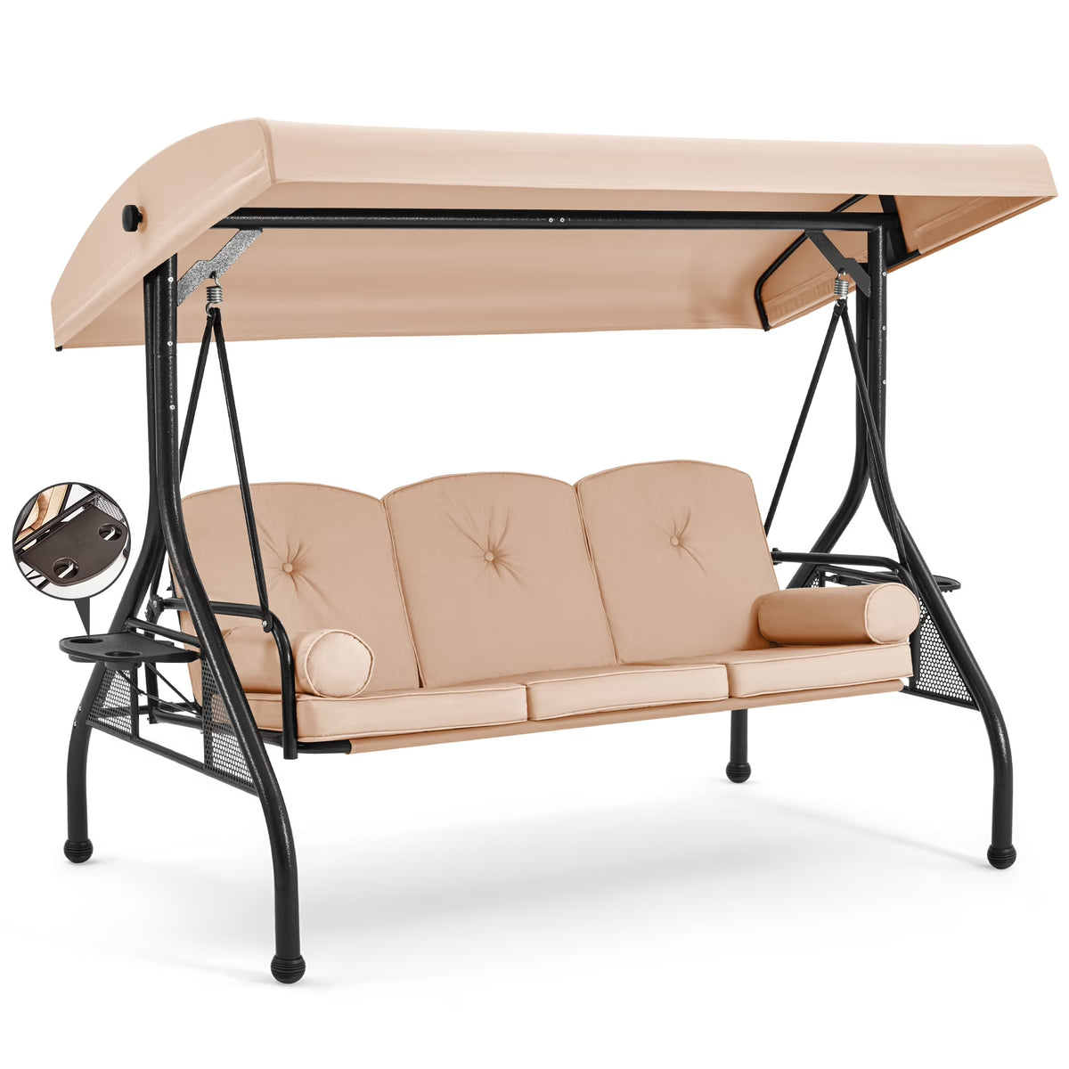 Homrest 3 Seat Outdoor Porch Swing with Adjustable Canopy, Cushions, and Cup Holder - Wine Red