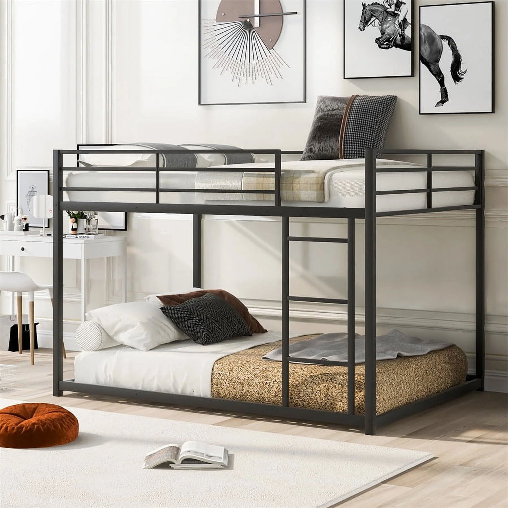 Full Over Full Metal Low Bunk Bed for Kids Teens Adults, Modern Black Bunk Bed with Heavy Duty Metal Frame, Ladder and Safety Full-Length Guard Rails, Space-Saving