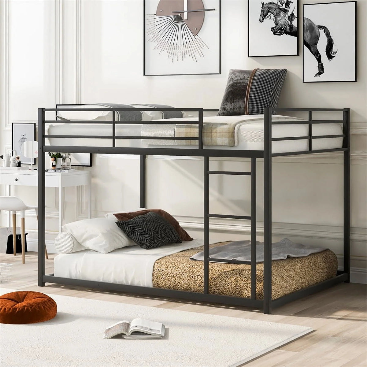 Full Over Full Metal Low Bunk Bed for Kids Teens Adults, Modern Black Bunk Bed with Heavy Duty Metal Frame, Ladder and Safety Full-Length Guard Rails, Space-Saving