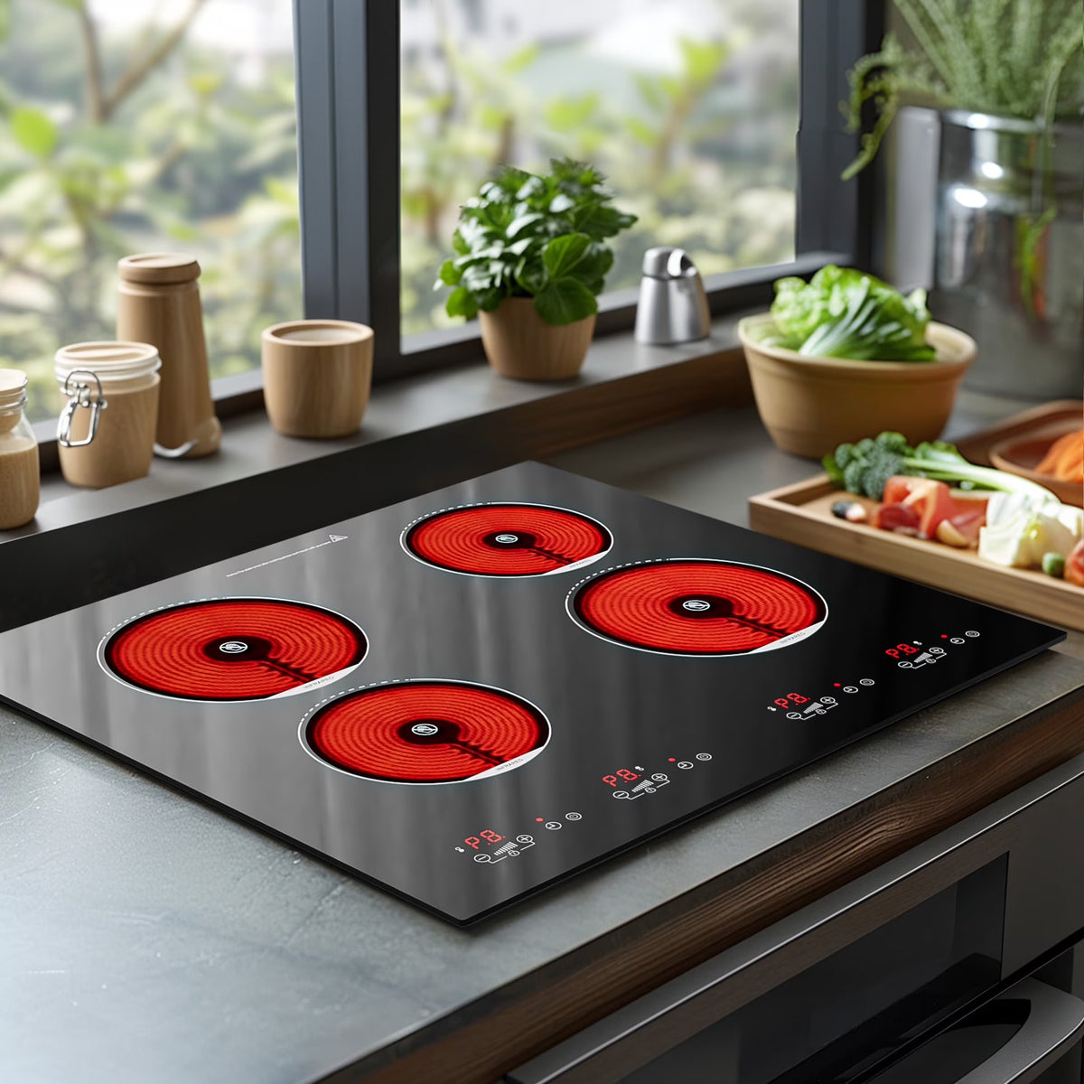 Advwin  4 Burner Electric Stove Top 24 Inch Built-in Electric Stove Top,6000W Electric Ceramic Cooktop with 4H Timer, Kid Safety Lock and Knob Control, 9 Heating Level,220v(No Plug)