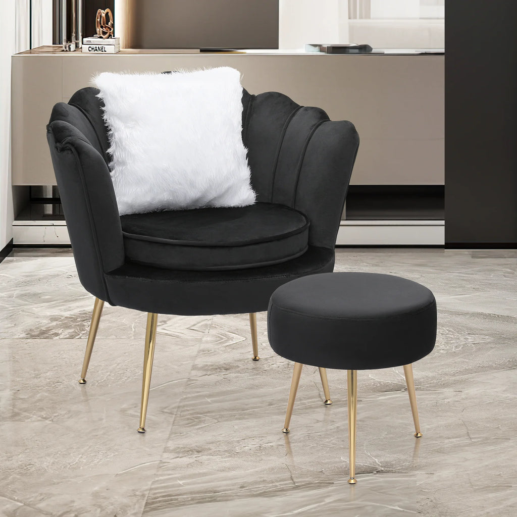 MoNiBloom Set of 2 Velvet Tufted Accent Chair with Pillow and Stool, Upholstered Modern Single Sofa Side Chair with Padded Seat and Golden Metal Legs, Living Room Armchair, Black