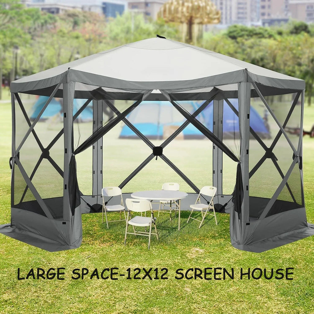 COBIZI 12x12 Pop Up Canopy Gazebo, Outdoor Canopy Tent Screen House with 5 sidewalls and Netting for Camping, Waterproof, UV Resistant, Ez Set-up Party Tent with Carrying Bag and Ground Stakes,Brown