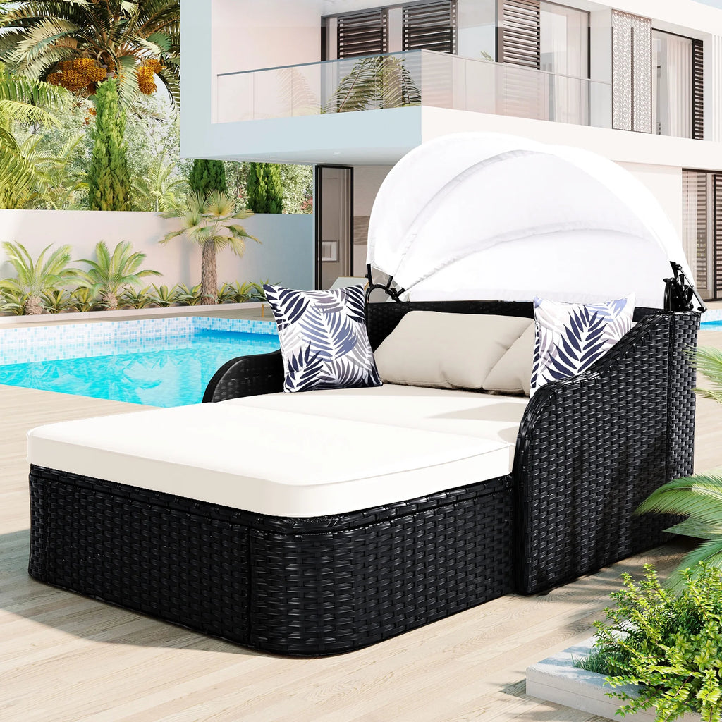 Outdoor Sun Lounger With Adjustable Canopy And Relaxing Pillow - Pe Black Blue Cushion 79.9" Daybed Cozy