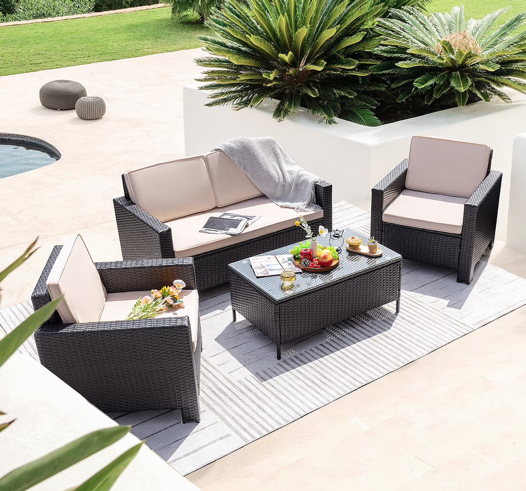 Lacoo 4 Pieces Patio Furniture Sets Rattan Chair Wicker Conversation Sofa Set Outdoor Tble and Chairs for Backyard Porch Garden Poolside Balcony, White