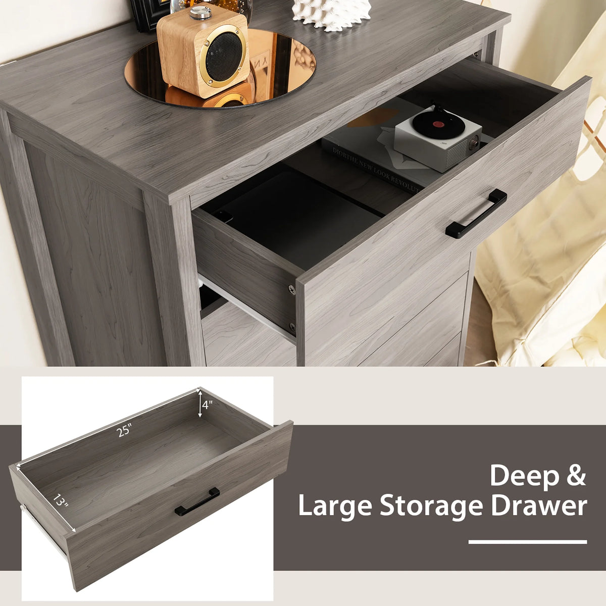 Costway Modern 5 Drawer Chest Storage Dresser Cabinet with Metal Handles Gray Oak
