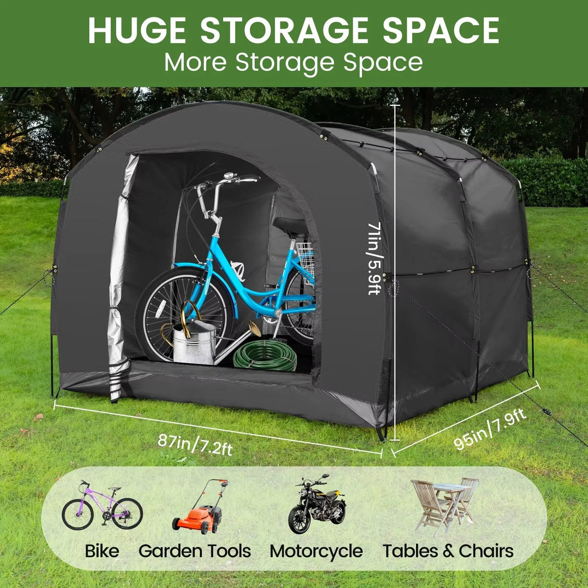 NAIZEA Large Bike Storage Tent, 47" Depth Storage for 6 Bikes Waterproof Outdoor Bicycle Cover, Lawn Mower Garden Tools Shed, Backyard Storage Room Tent Shelter W/Fixing Peg & Rop