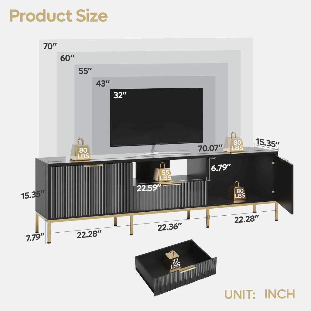 Bestier 55" LED TV Stand for TVs up to 60" Modern High Gloss Entertainment Center with Drawers Cabinets Fluted TV Console, White & Gold