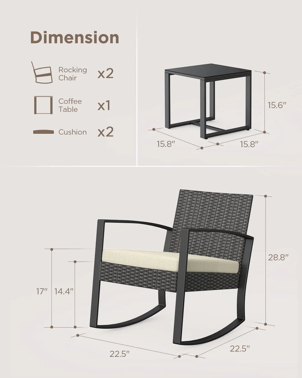 3 Pieces Wicker Patio Set Outdoor Chair Set with Glass Table Rattan Chair Modern Bistro Set for Porches and Patios, Grey Cushion
