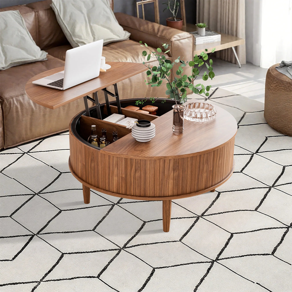 Oubayajia Round Coffee Table, Small Fluted Lift Top Center Table for Home Living Room Office, Walnut